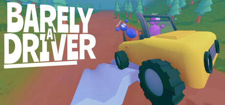 Barely a Driver logo above a yellow open-top car on a dirt road